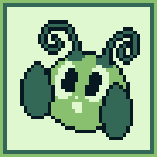 Image Description: A forty-six-by-forty-six pixel art image rendered in a green Game Boy palette with a white background and a light and dark border.

A light ball-shaped creature sits on the ground with his dark feet splayed. Two dark, curly antennae sprout from on top of him. Large black pupils hug the inside of his vertical elliptical eyes. He has a white dot nose and a white, round, open smile. End Description.