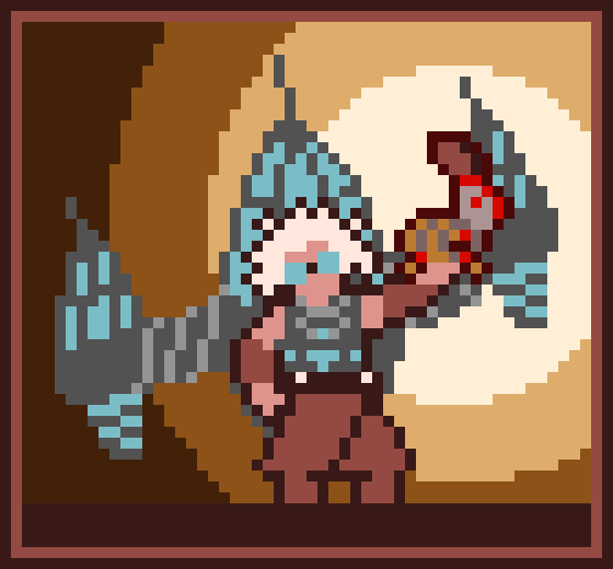 Image Description: A fifty-six-by-fifty-two pixel art image rendered in a desaturated orange and red palette with a dark border.

An old woman with wild white hair in a robe and boots wears a large gray wing-like contraption on her back attached to a metal chestplate. The machine has three egg-shaped turquoise thrusters. Her goggles, the same color, obscure her expression.

In her left hand, she holds aloft a robotic rabbit. Its torso is a swirl of orange and greys, but the top of its head is a bright red. In the background, an orange spotlight surrounds the rabbit. End Description.