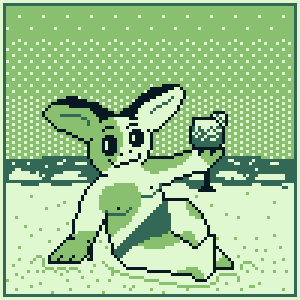 Image Description: A hundred-by-hundred pixel art image rendered in a green Game Boy palette with a white and dark border. A humanoid mammal creature sits on a beach, his right arm propping him up, his left leg poking up. He has large ears and large black eyes; he looks at the viewer, pleased. Large light spots cover portions of his white fur. He is only wearing dark swim briefs. In his left hand, he holds up a round glass of sangria, a wedge of fruit sticking out the right side. The sand piles up where he has disturbed it. In the background, the sky becomes lighter towards the horizon. White foam gathers on the dark sea. End Description.