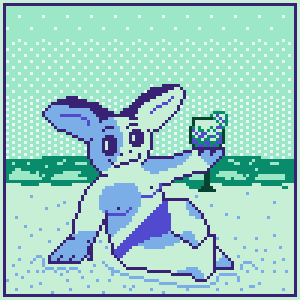 Image Description: A hundred-by-hundred pixel art image rendered in a teal and blue palette with a white and dark border.

A humanoid mammal creature sits on a beach, his right arm propping him up, his left leg poking up. He has large ears and large black eyes; he looks at the viewer, pleased. Large light spots cover portions of his white fur. He is only wearing swim briefs.

In his left hand, he holds up a round glass of sangria, a wedge of fruit sticking out the right side. The sand piles up where he has disturbed it.

In the background, the sky becomes lighter towards the horizon. White foam gathers on the dark, turquoise sea. End Description.