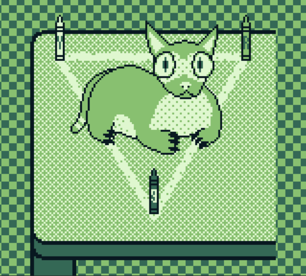 Image Description: A short looping one-sixty-by-one-forty-four pixel art animation rendered in a green Game Boy palette.

A cat, similar to a minskin but fatter, lies on a table in a right half-profile, looking at the viewer while blinking and swinging her tail back and forth. She has patches of light fur between her eyes, on her front, on her belly, and in stripes on the end of her tail; the rest of her fur is medium. Her ears point diagonally from her head. Her eyes blink out of sync; her right eye blinks before her left eye. She has prominent dark claws at the ends of her legs.

On the table, an upside-down triangle of white powder has been drawn around the cat, and three crayons have been placed at the points: the top-left is a light crayon labelled "Y", the top-right is a medium crayon labelled "R", and the bottom is a dark crayon labelled "G".

The view is only of half the table centered in frame. The other half is cropped out, leaving blank space on the right side. In the background, a grid of medium and dark checkers moves towards the top-right corner, looping. End description.