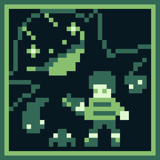 Image Description: A thirty-six-by-thirty-six pixel art image rendered in a green Game Boy palette. It has a dark one-pixel border followed by a second light one-pixel border.

A boy in a medium striped sweater, dark shorts, and dark shiny shoes, faces to the left while holding a gun in his right hand. He has light eyes and dark, poofy hair. He stands with his feet shoulder width apart and his left arm thrusted out.

Three small dark creatures with light eyes gather around him. Behind him is a skinny ghost. In front of him is a small spider and a larger ghost. The creatures are lacking in detail

Behind everything, an outlined silhouette of a large, round creature looms towards the top-left corner of the picture. His head, almost circular, has pointed ears coming up from the sides of his head, starting around the light corners of his mouth. He has a large open grin, and his tongue is visible. His eyes are small, light crosses, and his nostrils are light. Two light lines come down straight from his scalp to the end of his forehead. End Description.