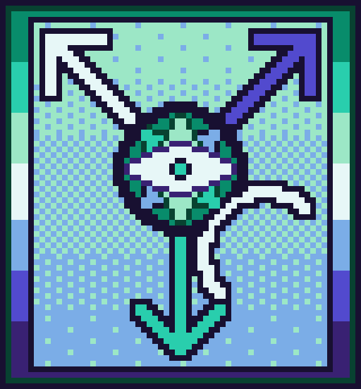 Image Description: A sixty-four-by-sixty-nine pixel art image rendered in a teal and blue palette with a dark border.

An eye with a teal pupil rests inside a dark-blue and teal circle with three arrows pointing out of it: teal from the bottom, white from the top-left, and blue from the top-right, as well as a white semi-circle coming out the bottom-right.

Behind the eye inside the circle are three additional eye shapes: seafoam green vertically, teal diagonally top-left, and sky-blue diagonally top-right.

This symbol sits inside a textured rectangle that is light turquoise at the top and becomes a sky-blue towards the bottom.

Surrounding the rectangle are seven horizontal stripes: the stripes of the gay men and MLM pride flag. End Description.