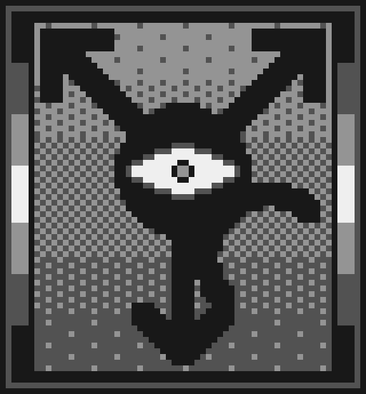 Image Description: A sixty-four-by-sixty-nine pixel art image rendered in a monochrome palette with a dark border.

An eye with a light pupil rests inside a black circle with three arrows pointing out the bottom, top-left, and top-right, as well as a semi-circle coming out the bottom-right. This symbol sits inside a textured rectangle that is light at the top and becomes dark towards the bottom.

Surrounding the rectangle are seven horizontal stripes, which start as black on top and bottom, become lighter towards the center, and crescendo in a single white stripe. End Description.