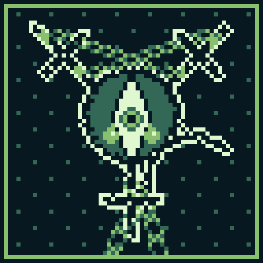 Image Description: A sixty-four-by-sixty-four pixel art image rendered in a green Game Boy palette with a very dark background. It has a black and light border.

Outlined in white is a black, decrepit Venus symbol with three crosses coming out the bottom, top-left, and top-right, as well as a mercurial semicircle out of the bottom-right. The top crosses have been chained together, and the bottom cross is chained to something below the image.

Inside the symbol is a dark circle with a vertical eye inside. As it stares with its medium iris, it cries, two large tears forming on either side of it. End Description.
