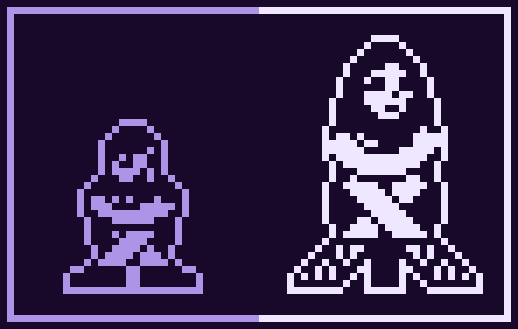 Image Description: A seventy-four-by-forty-seven pixel art image with a dark violet background.

On the left side, rendered and bordered in lavender, a small, short-haired child sits with his shoes crossed, his arms wrapped around his knees. With a sadness in his eyes, he looks to the right.

On the right side, rendered and bordered in white, a woman with long hair sits with her heels crossed, her arms wrapped around herself. With a sadness in her eyes, she looks to the right. End Description.