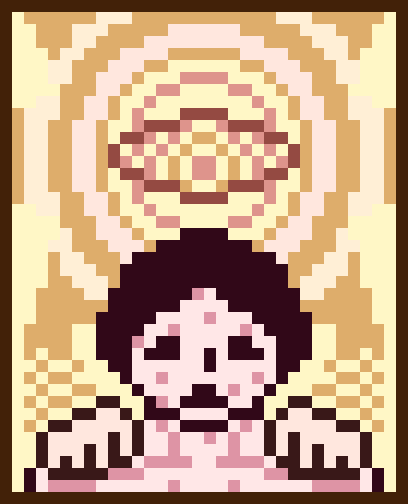 Image Description: A thirty-four-by-forty-two pixel art image rendered in a desaturated yellow and red palette with a dark border.

The sun, with its large eye, stares down at a pink man. Alternating light and dark concentric circles cover both the body and eye of the sun. From its bottom tendrils, its two arms reach down and grab the man's shoulders.

The man has dark hair in a short bob. His features are dark and undefined. Only his shoulders are visible, but he is topless. He is clearly distressed and is sweating profusely. End Description.