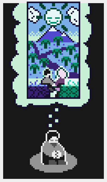 Image Description: A sixty-eight-by-one-sixteen pixel art image with a grayscale and blue palette.

A vertical image of a bright blue landscape floats inside of a thought. A gray boy with short dark hair sits on a cliff besides a purple boy with medium light hair. They are holding hands.

Beyond them, a field of turquoise trees dot a blue field, split by a dark river in two directions which end at the horizon. A mountain of twin peaks rises to meet the sun, who is smiling at the world among the clouds.

Below the thought of the landscape, a trail of thinking clouds leads to the gray boy as he actually is: sitting on the floor of a dark void, holding his knees, clasping his hands together, dreaming of a blue summer. End Description.