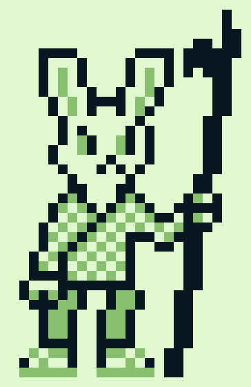 Image Description: A twenty-by-forty pixel art image rendered in a green Game Boy palette with a white background.

A small white anthropomorphic rabbit-man stands, leaning slightly to the right. He wears a light robe. The torso wraps to the left and extends past his hips. The legs reach just above his ankles and are darker than the torso. He also wears a pair of light sandals.

His ears stick straight up from his head. His eyes, black sclera with lighter pupils, are curved in a trapezoidal expression of anger, and his eyes are looking to his right.

His left hand holds a dark staff on the ground, the end pointing away from him. The end of the staff turns into a hook with a pike, similar to a halberd. End Description.