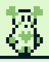 Image Description: A short looping sixteen-by-twenty pixel art animation rendered in a green Game Boy palette with a white background.

A pale, pear-shaped humanoid stands with his upper arms close to his torso and his forearms pointed outwards. He bounces on his feet, bobbing up and down. His hands and feet have a darker tint from the rest of his body. The only details visible on his face are his large eyes, small mouth, and blush. Two puffy, tinted appendages protrude diagonally from his head, waving up and down as he bounces. A heart symbol is emblazoned on his chest.

Periodically, he blinks. End Description.

Periodically, he closes his eyes and smiles.