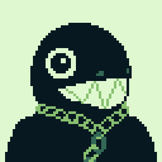 Image Description: A sixty-four-by-sixty-four pixel art image rendered in a green Game Boy palette with a white background.

A dark humanoid creature is looking to the right, his face and shoulders in half-profile. His large round head only has round shiny eyes, two small nostrils, and a big toothy grimace of triangular teeth.

Around his neck is a light chain, which connects to another larger chain of dark and light colors that falls down his chest. End Description.