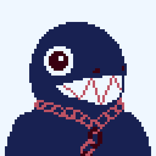 Image Description: A sixty-four-by-sixty-four pixel art image rendered in a palette of cool blues and reds with a white background.

A dark-blue humanoid creature is looking to the right, his face and shoulders in half-profile. His large round head only has round shiny dark-red eyes, two small dark-red nostrils, and a big toothy grimace of triangular teeth with pink borders.

Around his neck is a pink chain, which connects to another larger chain of dark-reds and pinks that falls down his chest. End Description.