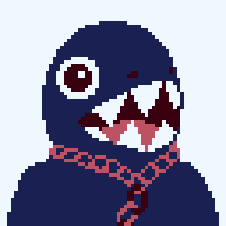Image Description: A sixty-four-by-sixty-four pixel art image rendered in a palette of cool blues and reds with a white background.

The same dark-blue humanoid creature from the third image, except its mouth of sharp teeth is now open, revealing a dark-red-lined mouth with a large pink tongue. End Description.