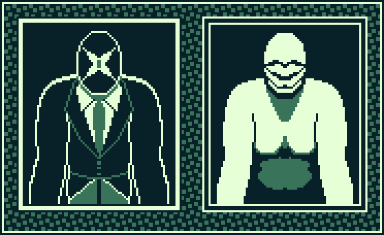 Image Description: A one-eighty-six by one-fourteen pixel art animation rendered in a green palette.

Two portraits depict a humanoid man looking into a mirror, directly at the viewer. On the left is a man in a black suit and mask, with a diagonal four-lidded eye. On the right is a white man with no clothes and oversized lips. As the man on the left blinks, the man on the right bares his long, sharp teeth. End Description.