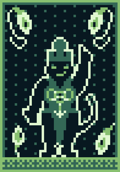 Image Description: A forty-nine-by-seventy pixel art image rendered in a green Game Boy palette with a very dark background. It has a light one-pixel border followed by a second dark one-pixel border.

In the corners of the image, four white sperm-like creatures with large light eyes look towards the center. The top two are curved in "S" patterns; the bottom-left is poking out of the ground; and the bottom-right is poking out the edge of the image.

In the center, standing on the balls of his feet on the medium textured ground, is a black humanoid demon with a white outline, looking towards the viewer. He smirks, his eyes taunting. His right arm waves to the ground while his left arm points to the sky, his club-ended tail swinging to the viewer's right. Upon his head is a dark crown with a tall, bulbous front segment.

He wears a strange garment: a dark curved monastic scapular that becomes a loincloth. Two ends wrap around his neck, before curving out at the pecs into circular segments. It then squares out at the waist, where a belt wraps around him. Finally, a long loincloth falls almost to the top of his ankles.

A light symbol is woven into the circular pec segments and below. It cannot be seen clearly, although it is a circle with something inside of it. Three arrows come out the bottom, top-left, and top-right of the circle. The top arrows wrap around the circle, reaching into it, giving the appearance of pulling it apart. The bottom arrow is straight, and it reaches to his groin. End Description.