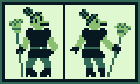 Image Description: A sixty-by-thirty-six pixel art image rendered in a green Game Boy palette. It has a dark one-pixel border followed by a second black one-pixel border.

There are two images, separated by a black line vertically, of a light humanoid creature in a maid's outfit, holding a broom in his right hand. He has an undefined snout pointing to the right, possibly duck-like or reptilian, and two vertical eyes that are offset, his left eye higher than his right. His hair, a mix of dark and black, is tied into a large bun sticking out to the top-left.

His outfit consists of a puffy-shouldered black minidress, dark tights, black heels, and black gloves. The dress is secured with a high-waisted dark belt with a white buckle. In both images, he is holding a broom in his right hand, handle-first against the floor.

In the left image, he stands with his legs slightly apart and his feet pointing together, his left arm against his hip and his right arm propping the broom away from him. He looks at the viewer with a neutral expression.

In the right image, he is standing away from the viewer, hips thrusting to the left, arms spread, his left hand open, as he holds the broom farther away to the right. Only his right eye is visible as he looks back towards the viewer with a half-lidded expression. End Description.