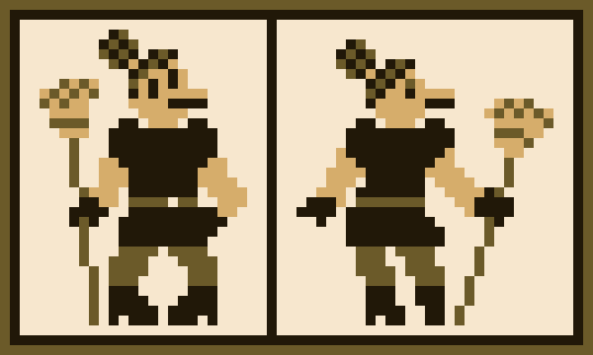 Image Description: A sixty-by-thirty-six pixel art image rendered in a four-color palette of warm tans and browns. It has a dark one-pixel border followed by a second black one-pixel border.

There are two images, separated by a black line vertically, of a light humanoid creature in a maid's outfit, holding a broom in his right hand. He has an undefined snout pointing to the right, possibly duck-like or reptilian, and two vertical eyes that are offset, his left eye higher than his right. His hair, a mix of dark and black, is tied into a large bun sticking out to the top-left.

His outfit consists of a puffy-shouldered black minidress, dark tights, black heels, and black gloves. The dress is secured with a high-waisted dark belt with a white buckle. In both images, he is holding a broom in his right hand, handle-first against the floor.

In the left image, he stands with his legs slightly apart and his feet pointing together, his left arm against his hip and his right arm propping the broom away from him. He looks at the viewer with a neutral expression.

In the right image, he is standing away from the viewer, hips thrusting to the left, arms spread, his left hand open, as he holds the broom farther away to the right. Only his right eye is visible as he looks back towards the viewer with a half-lidded expression. End Description.