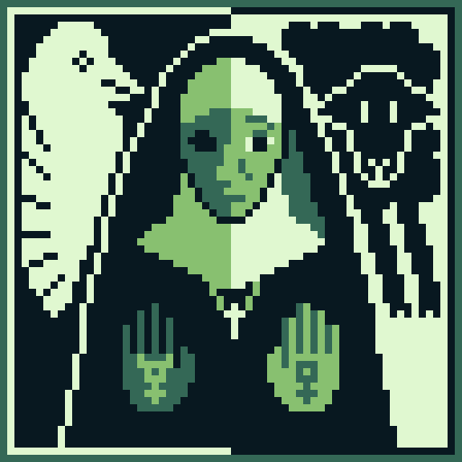 Image Description: A sixty-four-by-sixty-four pixel art image rendered in a green Game Boy palette. It has a dark, one-pixel border, followed by a second one-pixel border that is white on the left side and black on the right side.

A nun wearing a Catholic habit stands in the center, her palms raised in front of her, facing towards the viewer. She has a neutral expression. Light shines on her left side, creating a distinction between her illuminated side on our right and her shaded side on our left. In the light, her eyebrow, eyelash, and pupil can be seen, along with a wrinkle running down the side of her nose and the edge of her lips. In the shadow, only a silhouette of her eye is visible, although the other half of her nose is lit.

Below her coif hangs a small cross on a necklace. On her left palm is a dark Venus symbol. On her right palm is a light Mercury symbol.

Behind her on our right, the background is white, and a stylized sheep's face and front body curves around the border of her clothes, its legs reaching downwards and its face looking towards the viewer.

Behind her on our left, the background is black, and a stylized dove's head and wing curves around the white border of her clothes, its face in profile and looking to the right. End Description.