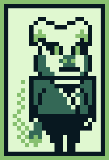 Image Description: A twenty-six-by-thirty-eight pixel art animation rendered in a green Game Boy palette with a light background and a light and black border.

A rotund humanoid pig in a dark suit, black tie, and tight black pants holds a cigar in his right hand as he looks to the right. He has square shoulders, wide hips, and skinny legs. His face is adorned with dark mutton chops and a dark nose; his dark eyes contain light slitted irises.

Smoke wafts from his cigar. Periodically, he will bring it to his mouth. As he brings it back down, he exhales a circle of smoke. End Description.
