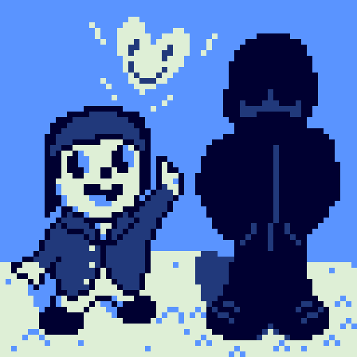 Image Description: A sixty-four-by-sixty-four pixel art image rendered in a blue four-color palette with a light-blue background.

Two people stand in the snow. Small piles of snow are visible on the ground.

On the left stands a short, round humanoid snowman, boots shoulder-width apart, smiling at the man on the right. The snowman is wearing a coat with the bottom button undone and a fur hat. A coal nose sits between his eyes, dark sclerae with light irises. As he gives a thumbs-up to the sky with his left arm, a white heart with a smiling face appears above him.

The man to his right, shrouded in silhouette, is standing straight with his hands in his pockets. Even his shadow is darker than that of the snowman. He appears to be wearing a beanie, coat, pants, and boots. The only details that can be seen, barely visible against the darkness, are the middle of his face, the zippers of his jacket and pants, the openings of his pockets, and the laces of his boots. End Description.