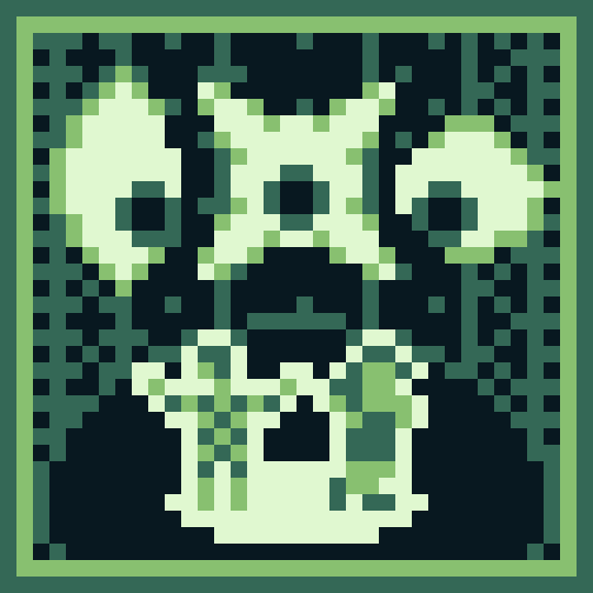 Image Description: A thirty-six-by-thirty-six pixel art image rendered in a green Game Boy palette. It has a dark one-pixel border followed by a second light one-pixel border.

Inside of a dark cylindrical room, three giant eyes on the wall stare at two men standing in a spotlight.

The eyes bulge out of the dark wall, their dark irises focused on the center of the room. The first eye, on the left, is vertical, the second eye is shaped like a cross diagonally, and the third eye is horizontal.

A white outline borders the two men as they stand in the spotlight. The first on the left, a dark-haired man with light skin in checkered clothes, stands triumphantly, his arms raised on either side of him, as he stares at the vertical eye. The second, a man with medium-length dark hair and light skin in dark clothes and dark shoes, stands with his back to the eyes. His legs are crossed, his left foot perpendicular to the ground. He is bent over slightly, his face in his hands. End Description.