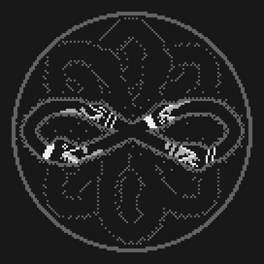 Image Description: A one-thirty-six by one-thirty-six pixel art image rendered in a four-color grayscale palette. A black infinity symbol is formed in the center, composed of four overlapping serpents with white lips, eyes, and neck markings, who are all eating each other. All four heads are located close to the center in an 'X' formation. The top two are slender-headed, while the bottom two are diamond-headed. They all wrap their tongues around each other, their mouths stained with various amounts of saliva. A gray outline of the serpents are repeated on the diagonal and vertical axes, creating a flower-like shape. A circle envelopes the whole image. End Description.