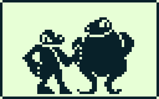 ID: Cartoon pixel art doodle. Two humanoid figures stand, looking at the viewer. A short man with a rounded snout looks upset, right arm on his hip, his left arm grabbing onto the side of a taller, fatter man with a blunt snout. The other man, who stands with strange tentacle legs, is ambiguously nervous and/or pleased, holding his arms behind his back. End Description.