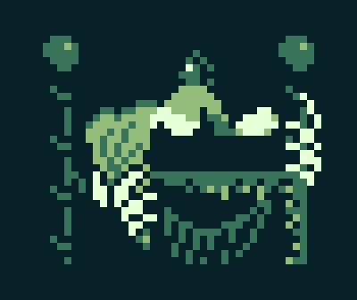 ID: A 50-by-42 pixel art image in a green Game Boy palette. A dark-skinned child sits up in bed, looking straight ahead to the viewer's left. Their blanket is being pulled by a clawed hand coming from under the bed, where a toothy grin lurks. The underside of the bed is covered in bites, scratches, and spittle. Another clawed hand reaches around the headrest. End Description.