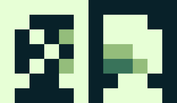 ID: A 12 by 7 pixel art image in a green palette. Two humanoid faces look towards each other. The left wears a black mask with a diagonal four-lidded eye. The right is pale white, lacks eyes, and has large light lips. End Description.