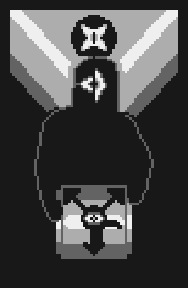 Image ID: Pixel art, 77 by 118, grayscale, mostly dark.

In a gray sky, a dark moon with a diagonal cross-shaped eye stares at the audience. Beneath a white, gray, and dark chevron, the rest of the image becomes black. 

A silhouette of a man can be seen, staring at the audience. His head is split between two halves: one with half of a horizontal eye, and one with half of a vertical eye.

The man holds an image. In the image, dark horizontal stripes converge into a white stripe. In the center, a circle with an eye sprouts three prongs, up-left, up-right, and down, as well as an odd crescent shape to the bottom-right. End description.