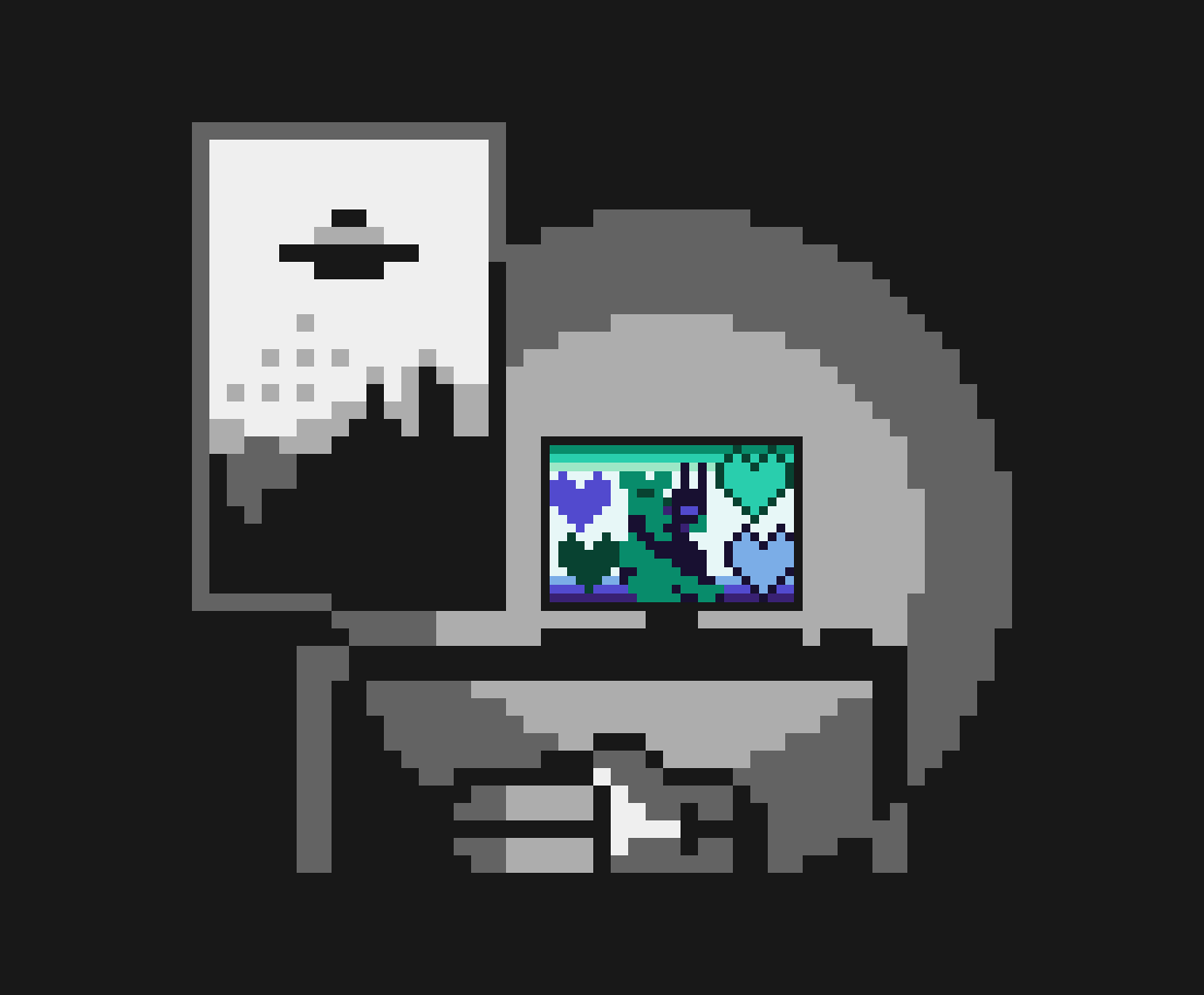 Image ID: Pixel art, 138 by 114, but with mostly double-sized pixels. Grayscale.

A dark room is illuminated by a computer screen sitting on a table. There's a large poster of a UFO flying over an indistinct landscape on a cloudy day.

The computer, which is rendered at twice the resolution of the rest of the image, displays a looping animation: a bear furry and a rabbit furry embrace and kiss passionately, with large hearts floating around them. The screen, and nothing else, is rendered using the blue and turquoise colors of the men-loving-men flag.

Beneath the table, a dark-skinned man lies on his side, clutching his head, his knees drawn to his chest. End description.