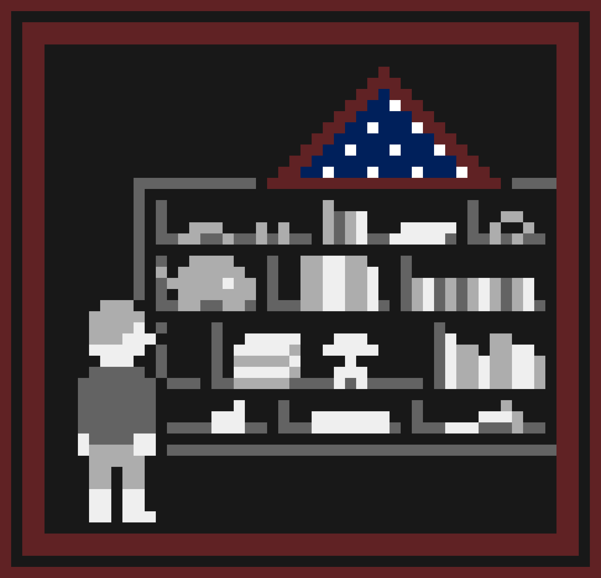 Image ID: Pixel art, 54 by 52, mostly dark grayscale with a wine-red border. A blonde, light-skinned boy looks up at the top of a bookshelf. The shelf stores books of various sizes and tidiness, as well as some junk and sentimental knick-knacks. On top of the shelf is a blue, folded American flag in a container of wine-red wood. End description.