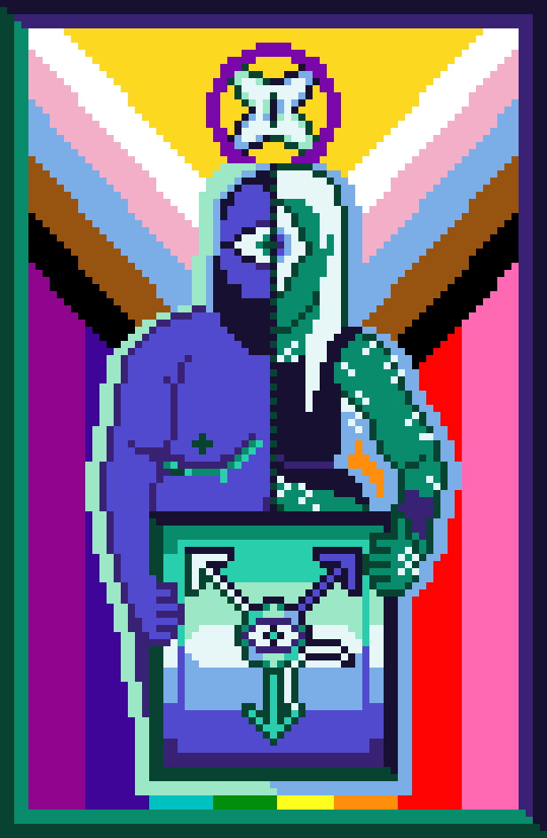 Image ID: Pixel art, 77 by 118, bright and saturated.

The background of the image, bordered in dark blue and dark teal, is a variant of the queer pride progress flag, facing down. It features visible intersex, trans, and people of color chevrons, as well as the eight stripes of Gilbert Baker's rainbow flag.

Inside the purple circle sits a blue diagonal cross-shaped eye. Below it stands a composite of two humanoid figures, divided in half from top to bottom. both lacking facial features except for a half of a single large eye.

The left figure, rendered in blue, is a broad, chubby man, with dark, receding hair, a beard, and a horizontal eye. His body is hairless. A turquoise scar runs below his flat chest.

The right figure, rendered in a dark teal, is slimmer than the left man, and he has a vertical eye. His straight white hair is pulled halfway down his chest, and he has patches of hair across his arm, hand, chest, and armpit. He wears a dark-blue top, resembling a tank top in construction, but terminating in loose fabric that drapes his abdomen and hips. A dark blue scar runs around his forearm

The figures hold a portrait image, containing a horizontal blue and turquoise men-loving-men flag. In front of the flag is a combination of a blue Mars symbol pointing up-right, a turquoise Uranus symbol pointing down, and a speared variant of the Mercury symbol pointing up-left. An eye sits in the center of the symbol.

It becomes clear that the humanoid figures share the colors of the MLM pride flag. End description.